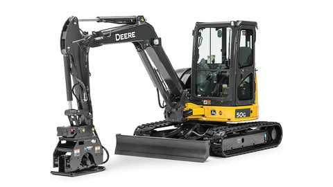 John Deere compact excavator with plate compactor attachment