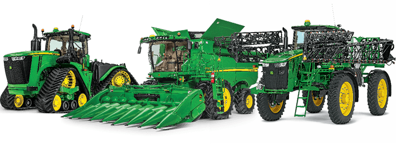 John Deere tractor, combine, and sprayer